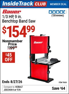 Harbor Freight ITC Coupon BAUER 1/3 HP, 9 IN. BENCHTOP BAND SAW Lot No. 70630 Valid Thru: 8/27/26 - $154.99