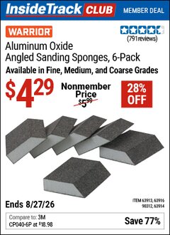 Harbor Freight ITC Coupon WARRIOR ALUMINUM OXIDE ANGLED SANDING SPONGES Lot No. 63916/90312/63913/63914 Valid Thru: 8/27/26 - $4.29
