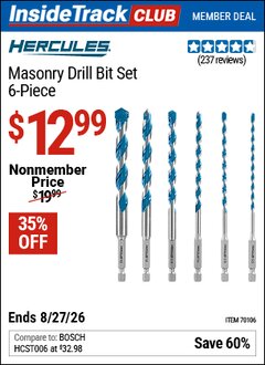 Harbor Freight ITC Coupon HERCULES MASONRY DRILL BIT SET, 6-PIECE Lot No. 70106 Valid Thru: 8/27/26 - $12.99