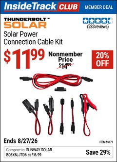 Harbor Freight ITC Coupon THUNDERBOLT SOLAR SOLAR POWER CONNECTION CABLE KIT Lot No. 59171 Valid Thru: 8/27/26 - $11.99