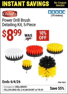 Harbor Freight Coupon GRANT'S POWER DRILL BRUSH DETAILING KIT, 5-PIECE Lot No. 70833 Valid Thru: 6/4/26 - $8.99