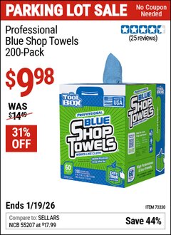 Harbor Freight Coupon TOOLBOX PROFESSIONAL BLUE SHOP TOWELS 200-PACK Lot No. 73330 Expired: 12/31/69 - $9.98
