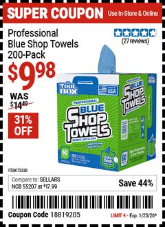 Harbor Freight Coupon TOOLBOX PROFESSIONAL BLUE SHOP TOWELS 200-PACK Lot No. 73330 Expired: 1/25/26 - $9.98