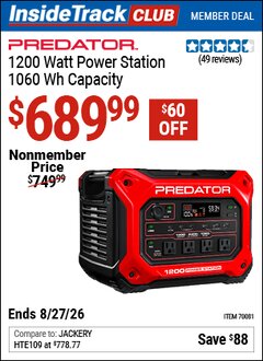 Harbor Freight ITC Coupon PREDATOR 1200 WATT POWER STATION, 1060 WH CAPACITY Lot No. 70081 Valid Thru: 8/27/26 - $689.99