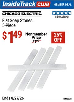 Harbor Freight ITC Coupon CHICAGO ELECTRIC FLAT SOAP STONES, 5-PIECE Lot No. 60633 Valid Thru: 8/27/26 - $1.49