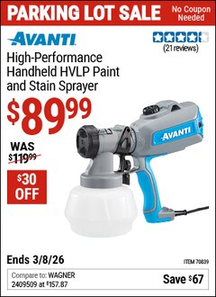 Harbor Freight Coupon AVANTI HIGH-PERFORMANCE HANDHELD HVLP PAINT AND STAIN SPRAYER Lot No. 70839 Expired: 3/8/26 - $89.99