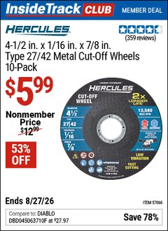 Harbor Freight ITC Coupon HERCULES 4-1/2 IN. X 1/16 IN. X 7/8 IN., TYPE 27/42 METAL CUT-OFF WHEELS, 10-PACK Lot No. 57068 Valid Thru: 8/27/26 - $5.99