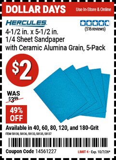 Harbor Freight Coupon HERCULES 4-1/2 IN. X 5-1/2 IN. 1/4 SHEET SANDPAPER WITH CERAMIC ALUMINA GRAIN, 5-PACK Lot No. 58133/58135/58136/58137/58138 Expired: 10/7/26 - $2