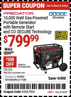 Harbor Freight Coupon PREDATOR 10,000 WATT GAS-POWERED PORTABLE GENERATOR WITH REMOTE START AND CO SECURE TECHNOLOGY Lot No. 72624/73256 Valid Thru: 8/16/26 - $799.99