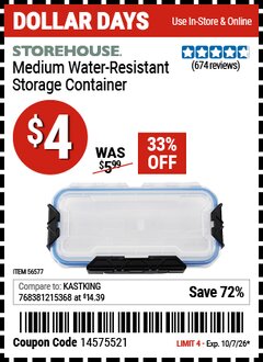 Harbor Freight Coupon STOREHOUSE MEDIUM WATER-RESISTANT STORAGE CONTAINER Lot No. 56577 Expired: 10/7/26 - $4