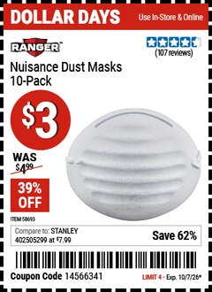 Harbor Freight Coupon RANGER NUISANCE DUST MASKS, 10-PACK Lot No. 58693 Expired: 10/7/26 - $3