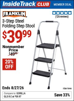 Harbor Freight ITC Coupon FRANKLIN 3-STEP STEEL FOLDING STEP STOOL Lot No. 70940 Valid Thru: 8/27/26 - $39.99