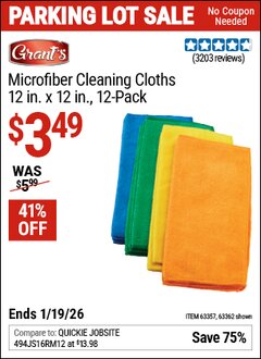 Harbor Freight Coupon GRANT'S MICROFIBER CLEANING CLOTHS 12 IN. X 12 IN., 12-PACK Lot No. 63362/63357 Expired: 12/31/69 - $3.49