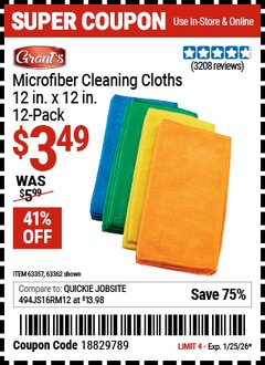 Harbor Freight Coupon GRANT'S MICROFIBER CLEANING CLOTHS 12 IN. X 12 IN., 12-PACK Lot No. 63362/63357 Expired: 1/25/26 - $3.49