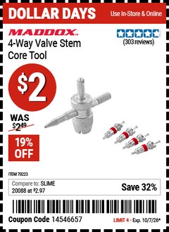 Harbor Freight Coupon MADDOX 4-WAY VALVE STEM CORE TOOL Lot No. 70223 Expired: 10/7/26 - $2