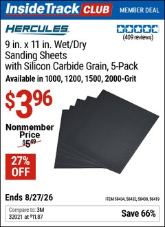 Harbor Freight ITC Coupon HERCULES 9 IN. X 11 IN. WET/DRY SANDING SHEETS WITH SILICON CARBIDE GRAIN, 5-PACK Lot No. 58419/58434/58432/58430 Valid Thru: 8/27/26 - $3.96