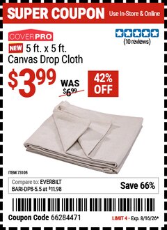 Harbor Freight Coupon COVERPRO 5 X 5 DROP CLOTH Lot No. 73105 Valid Thru: 8/16/26 - $3.99