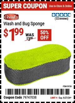Harbor Freight Coupon GRANT'S WASH AND BUG SPONGE Lot No. 59720 Valid Thru: 9/27/26 - $1.99