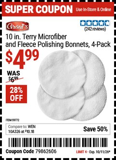Harbor Freight Coupon GRANT'S 10 IN. TERRY MICROFIBER AND FLEECE POLISHING BONNETS, 4-PACK Lot No. 59772 Expired: 10/11/26 - $4.99
