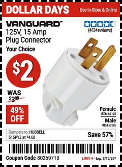 Harbor Freight Coupon VANGUARD 125V, 15 AMP PLUG CONNECTOR Lot No. 63125/63147/63126 Valid Thru: 8/12/26 - $2