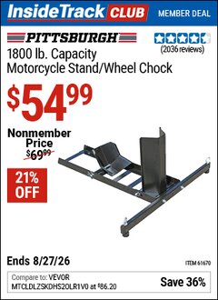 Harbor Freight ITC Coupon PITTSBURGH 1800 LB. CAPACITY MOTORCYCLE STAND/WHEEL CHOCK Lot No. 61670 Valid Thru: 8/27/26 - $54.99