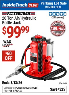 Harbor Freight ITC Coupon PITTSBURGH 20 TON AIR/HYDRAULIC BOTTLE JACK Lot No. 59426 Expired: 8/13/26 - $99.99