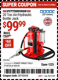 Harbor Freight Coupon PITTSBURGH 20 TON AIR/HYDRAULIC BOTTLE JACK Lot No. 59426 Expired: 10/11/26 - $99.99