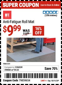 Harbor Freight Coupon HFT ANTI-FATIGUE ROLL MAT Lot No. 61241 Expired: 10/11/26 - $9.99