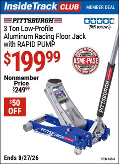 Harbor Freight ITC Coupon PITTSBURGH 3 TON LOW-PROFILE ALUMINUM RACING FLOOR JACK WITH RAPID PUMP Lot No. 64544/64834 Valid Thru: 8/27/26 - $199.99