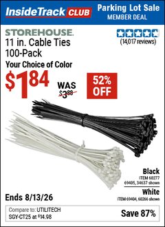 Harbor Freight ITC Coupon STOREHOUSE 11 IN. CABLE TIES, 100-PACK Lot No. 34637/69405/60277/60266/69404 Expired: 8/13/26 - $1.84