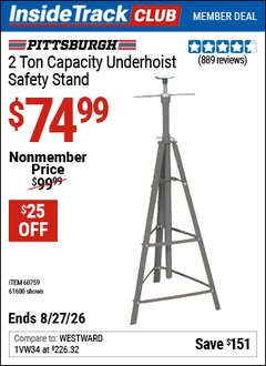 Harbor Freight ITC Coupon PITTSBURGH 2 TON CAPACITY UNDERHOIST SAFETY STAND Lot No. 61600/60759 Valid Thru: 8/27/26 - $74.99