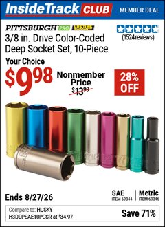 Harbor Freight ITC Coupon PITTSBURGH PRO 3/8 IN. DRIVE COLOR-CODED DEEP SOCKET SET, 10-PIECE Lot No. 69346/69344 Valid Thru: 8/27/26 - $9.98