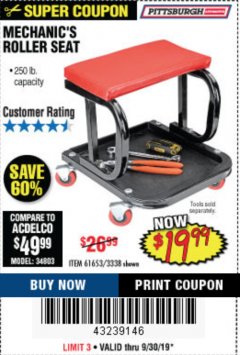 Harbor Freight Coupon MECHANIC'S ROLLER SEAT Lot No. 3338/61653 Expired: 9/30/19 - $19.99