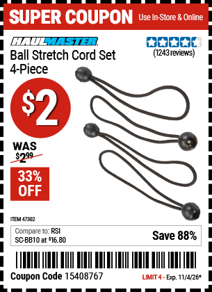 www.hfqpdb.com - HAUL-MASTER BALL STRETCH CORD SET, 4-PIECE Lot No. 47302/62838