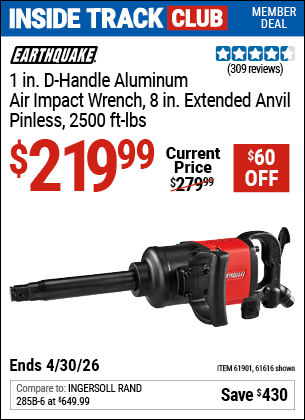 Harbor Freight EARTHQUAKE 1 IN. D-HANDLE ALUMINUM AIR IMPACT WRENCH, 8 IN. EXTENDED ANVIL, PINLESS, 2500 FT-LBS, RED coupon