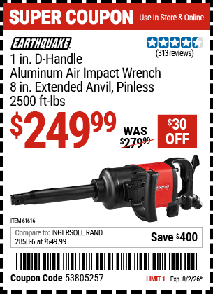 www.hfqpdb.com - EARTHQUAKE 1 IN. D-HANDLE ALUMINUM AIR IMPACT WRENCH, 8 IN. EXTENDED ANVIL, PINLESS, 2500 FT-LBS, RED Lot No. 61616/61901