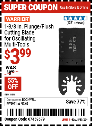 www.hfqpdb.com - WARRIOR 1-3/8 IN. PLUNGE/FLUSH CUTTING BLADE FOR OSCILLATING MULTI-TOOLS Lot No. 61816
