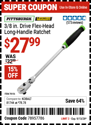www.hfqpdb.com - PITTSBURGH 3/8 IN. DRIVE FLEX-HEAD LONG-HANDLE RATCHET Lot No. 70156/62333