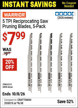 www.hfqpdb.com - WARRIOR 5 TPI RECIPROCATING SAW PRUNING BLADES, 5-PACK Lot No. 68040/62219