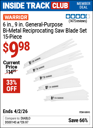 www.hfqpdb.com - WARRIOR 6 IN., 9 IN. GENERAL-PURPOSE BI-METAL RECIPROCATING SAW BLADE SET, 15-PIECE Lot No. 68043