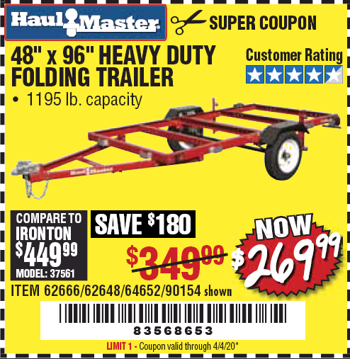 HAUL-MASTER 1195 Lb. Capacity 48 In. X 96 In. Heavy Duty Folding Trailer  for $269.99 – Harbor Freight Coupons
