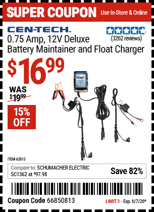 Harbor Freight CEN-TECH 0.75 AMP, 12V DELUXE BATTERY MAINTAINER AND FLOAT CHARGER coupon