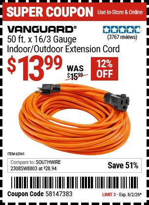 www.hfqpdb.com - VANGUARD 50 FT. X 16/3 GAUGE INDOOR/OUTDOOR EXTENSION CORD, ORANGE Lot No. 62941