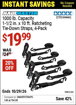www.hfqpdb.com - HAUL-MASTER 1000 LB. CAPACITY, 1-1/2 IN. X 10 FT. RATCHETING TIE-DOWN STRAPS, 4-PACK Lot No. 61303