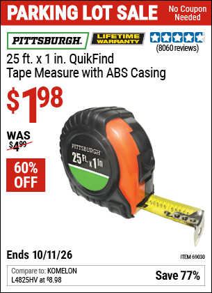Harbor Freight PITTSBURGH 25 FT. X 1 IN. QUIKFIND TAPE MEASURE WITH ABS CASING coupon
