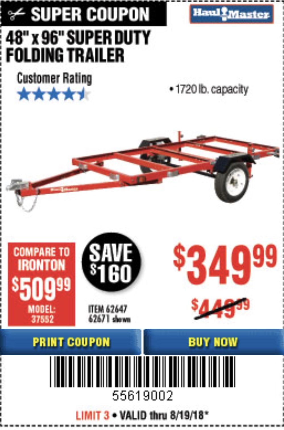 HAUL-MASTER 1720 Lb. Capacity 48 In. X 96 In. Super Duty Folding Trailer  for $339.99 – Harbor Freight Coupons