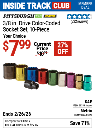 Harbor Freight PITTSBURGH PRO 3/8 IN. DRIVE METRIC COLOR-CODED SOCKET SET, 10-PIECE coupon