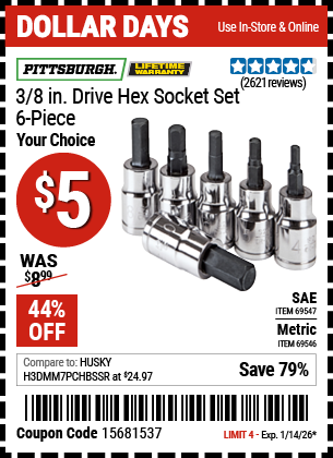 www.hfqpdb.com - PITTSBURGH 3/8 IN. DRIVE HEX SOCKET SET, 6-PIECE Lot No. 69546/69547