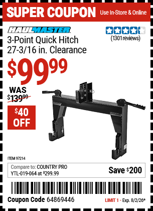 www.hfqpdb.com - HAUL-MASTER 3-POINT QUICK HITCH - 27-3/16 IN. CLEARANCE Lot No. 97214