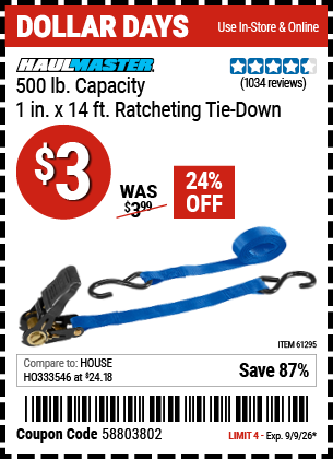 www.hfqpdb.com - HAUL-MASTER 500 LB. CAPACITY, 1 IN. X 14 FT. RATCHETING TIE-DOWN Lot No. 61295
